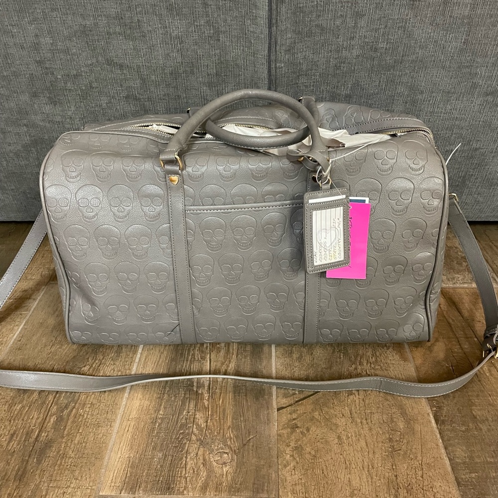 Betsey Johnson Skeleton Skull Weekender Duffle Bag Tote Embossed NWT Gray